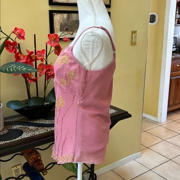 Y2K 90’s🚫SOLD🚫Bead Sequins Pink Lace Fairy core Asymmetrical Hem Camisole Large - Picture 8 of 15
